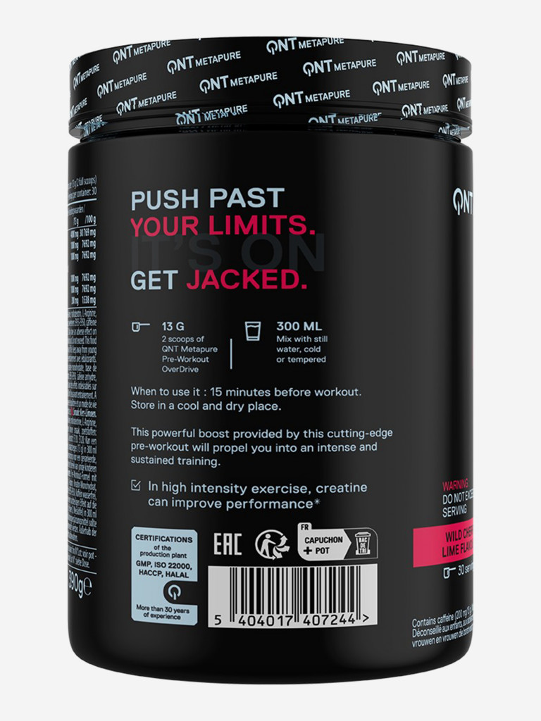 Предтренировочный комплекс, Креатин, Бета Аланин, QNT Metapure Pre-Workout Overdrive 390г, Вишня-Лимон.