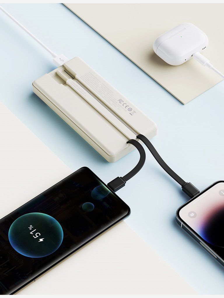 Внешний аккумулятор ROCK P96 12W Travel Series Power Bank With Cable 10000mAh бежевый