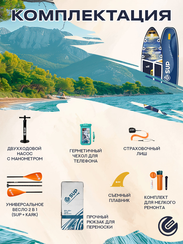 Надувной сапборд E-SUP CLASSIC BLUE 11'6" (351×89×15 см), универсальный