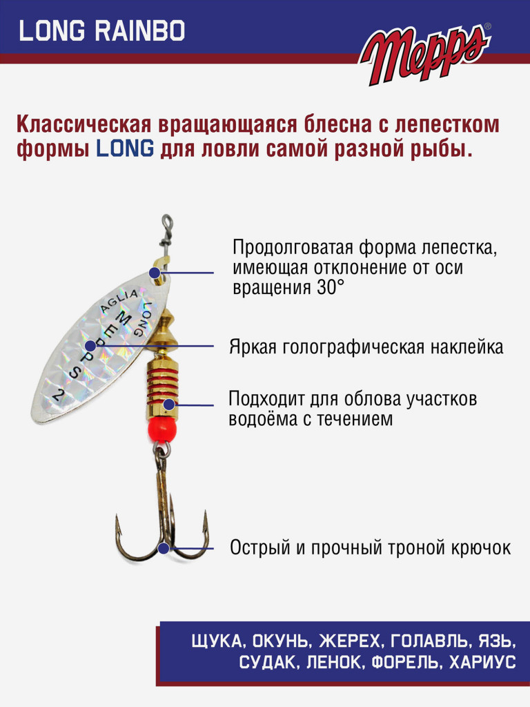 Блесна вращающаяся для рыбалки Mepps LONG RAINBO на щуку, окуня