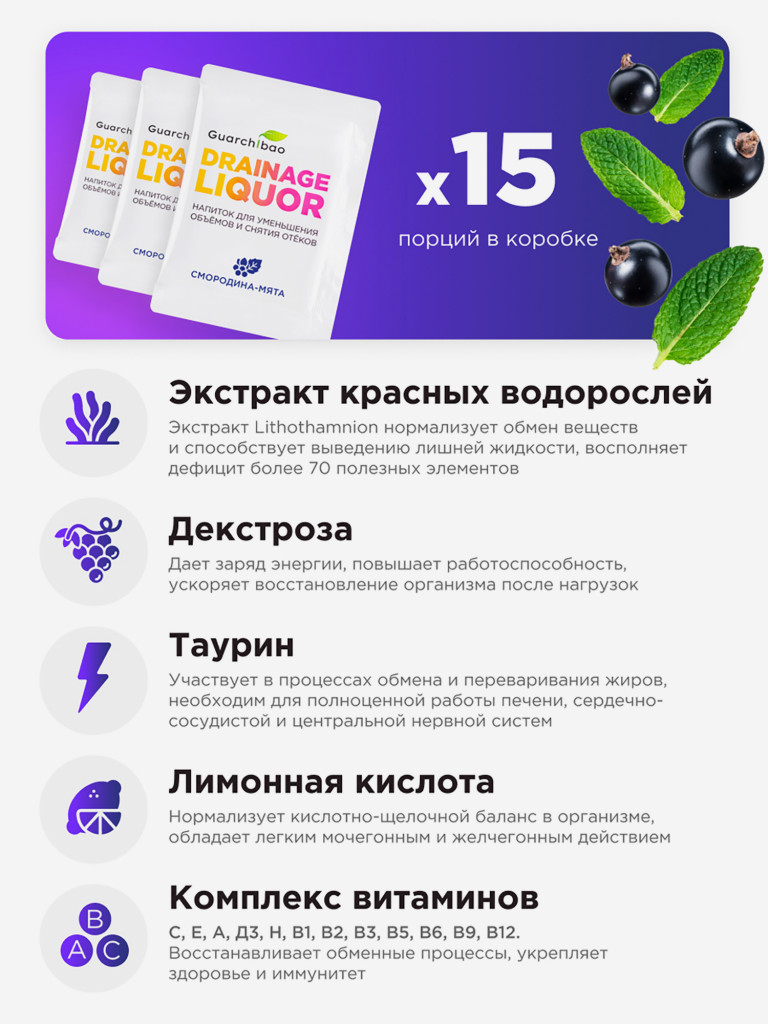 Guarchibao Drainage Liquor дренажный напиток со вкусом Смородина-Мята