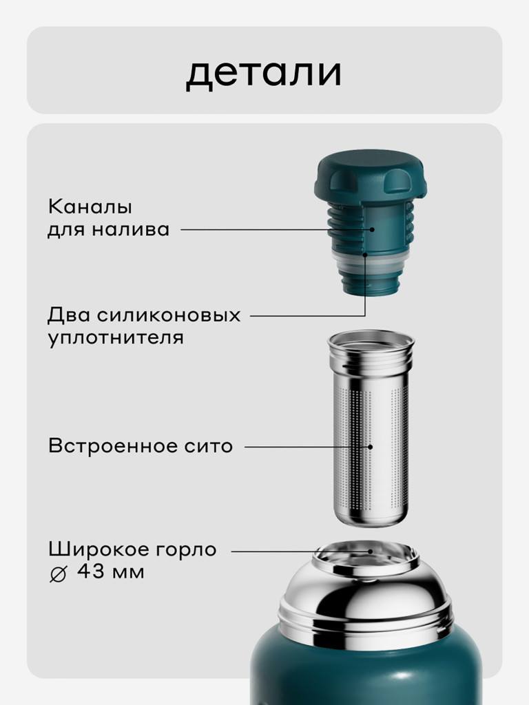 Термос вакуумный BOBBER Barrel 1 л с широким горлом и ситечком, тепло до 40 часов, темно-бирюзовый