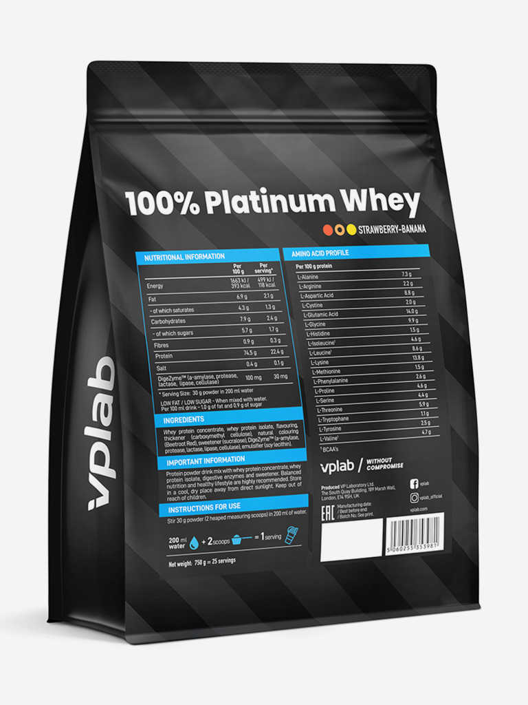 Протеин Vplab Nutrition 100% Platinum Whey "Клубника и банан", 750 г