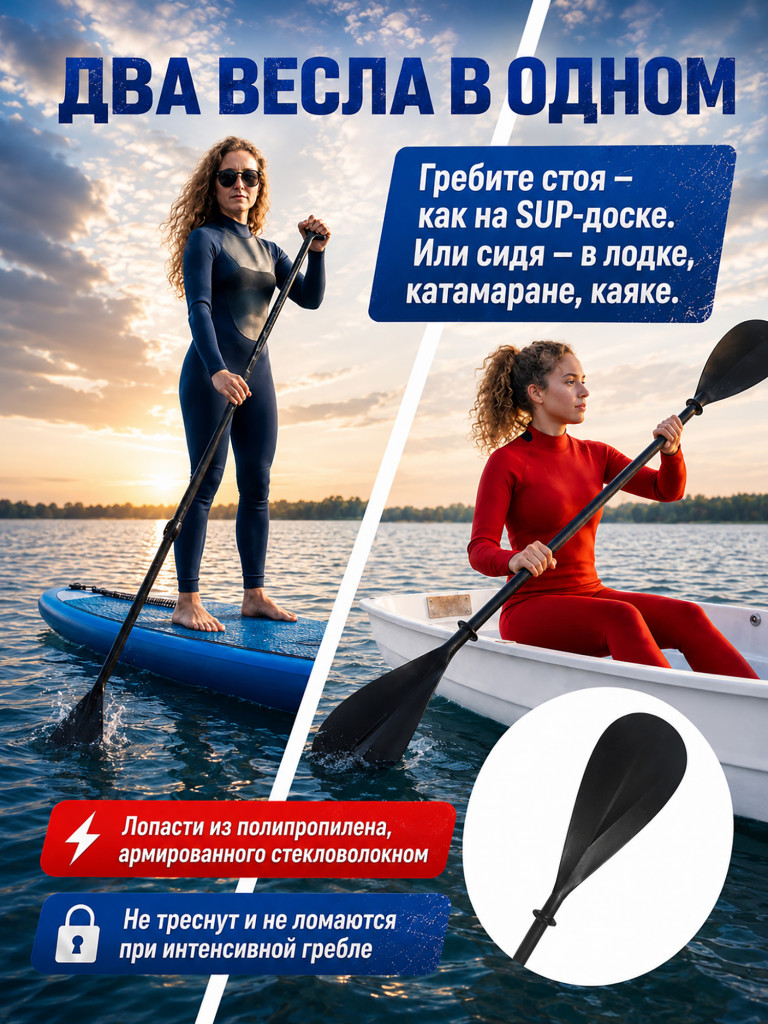 Весло Tourus для сапборда и каяка разборное двухлопастное 2-в-1