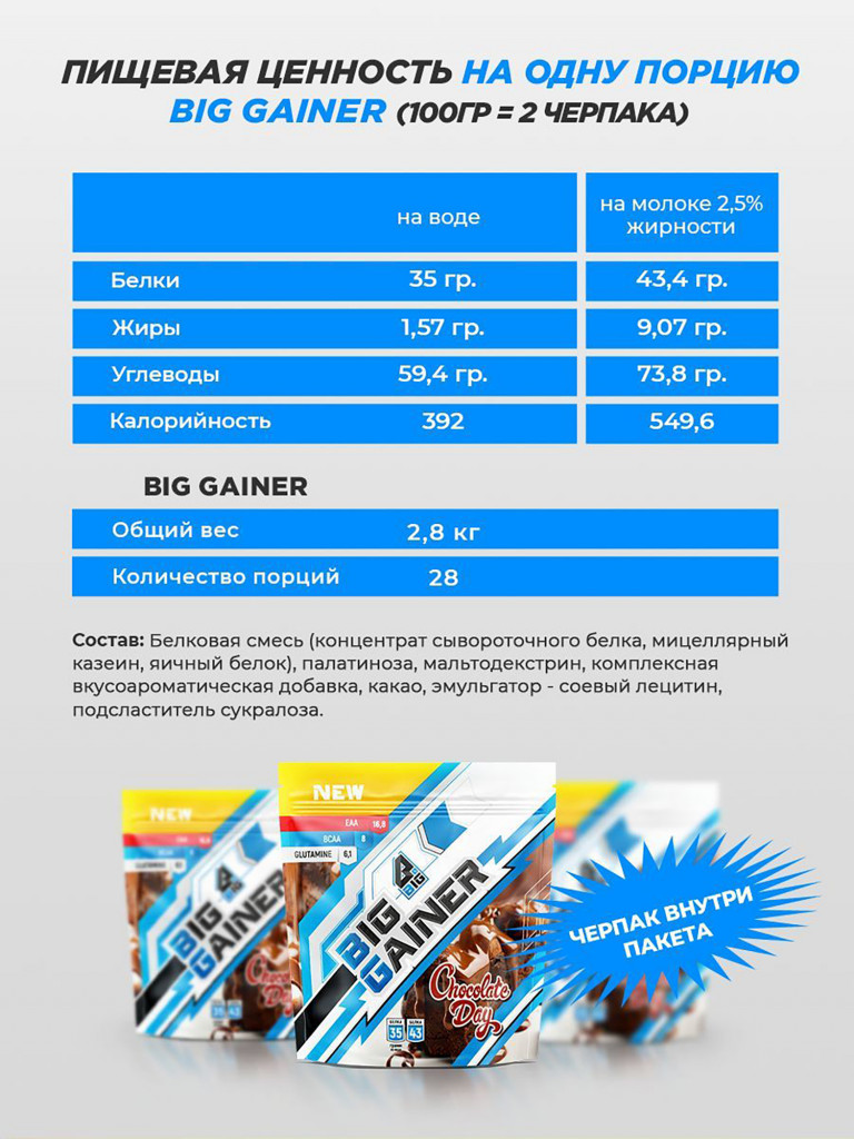 Гейнер BIGSNT BIG GAINER для набора мышечной массы высокобелковый / 2.8 кг, Шоколад