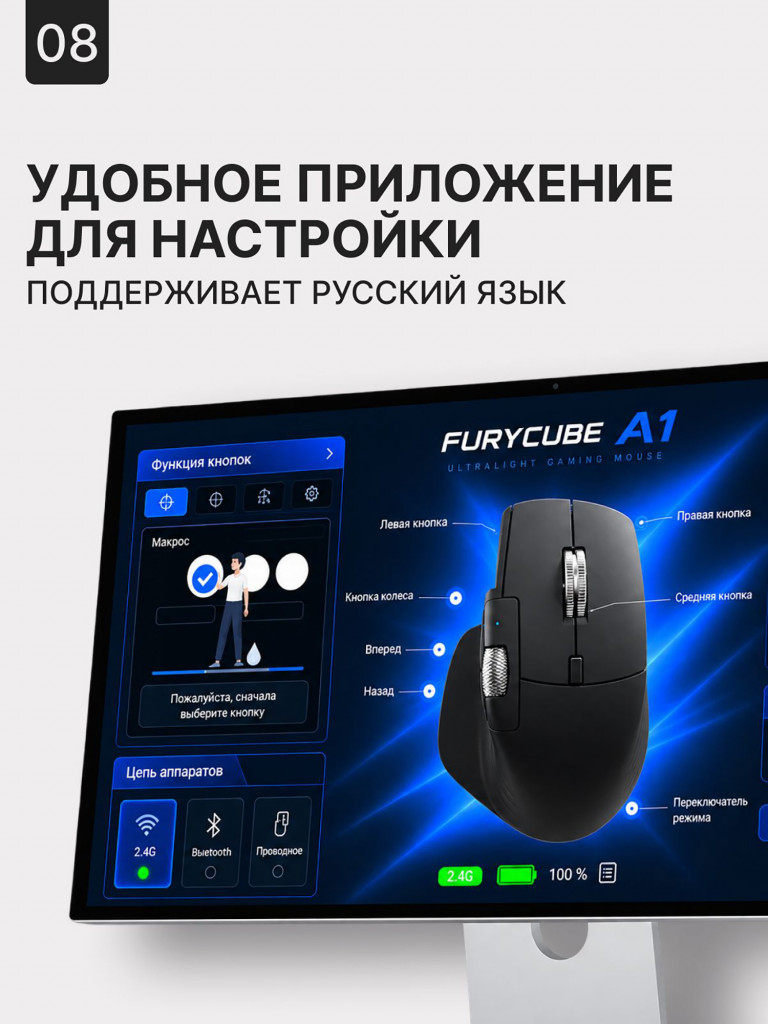 Мышка компьютерная игровая беспроводная FURYCUBE A1