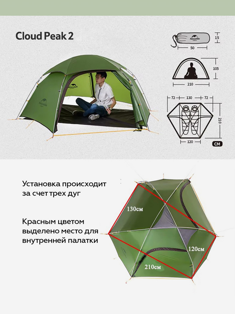 Палатка 2-местная Naturehike Cloud Peak 2, нейлон 20D