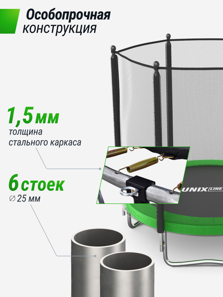 Батут каркасный UNIX Line Simple 8 ft Green с внешней защитной сеткой, общий диаметр 244 см, до 140 кг