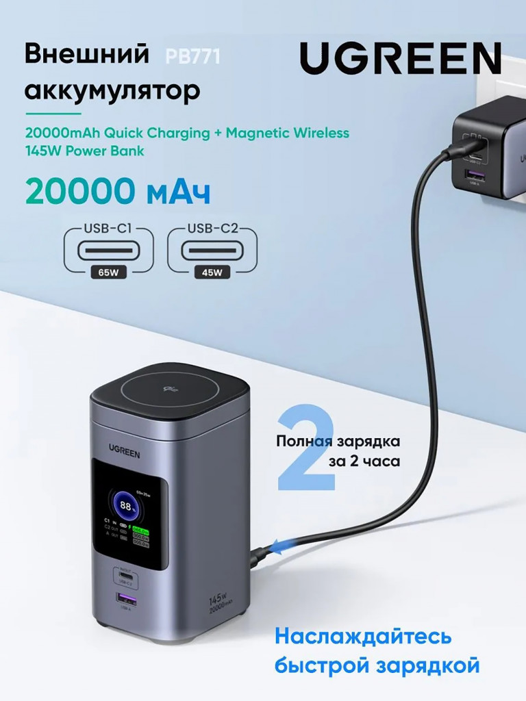 Внешний аккумулятор UGREEN PB771 (35527B) 20000mAh Quick Charging + Magnetic Wireless 145W Power Bank