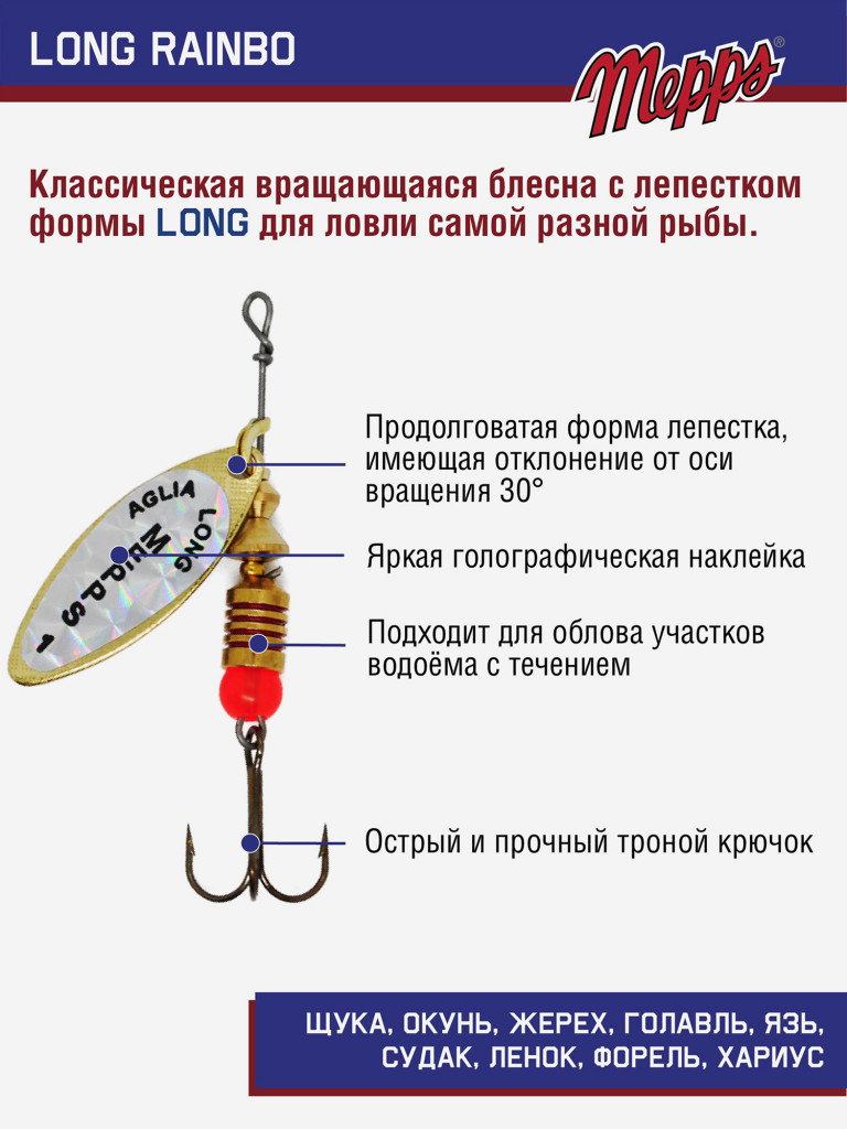 Блесна вращающаяся для рыбалки Mepps LONG RAINBO на щуку, окуня