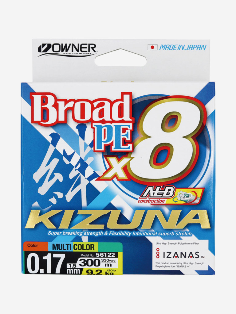 Шнур OWNER Kizuna X8 Broad PE multi color 10м 300м 0,17мм 9,2кг