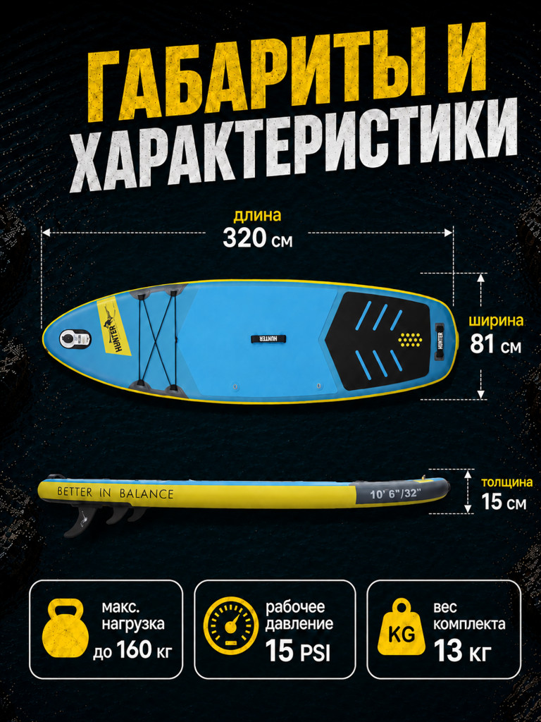 Sup-доска Hunterboard ACTIVE 10,6', 320х81х15 см, Yellow/Blue