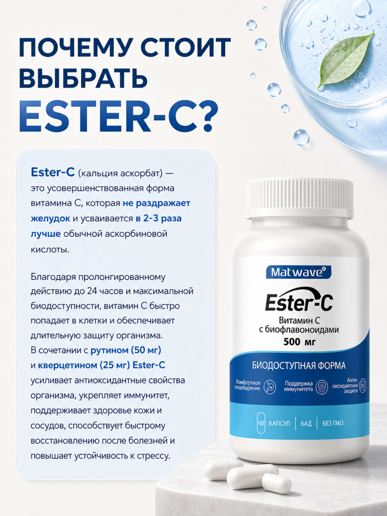 Витамин C Эстер Ester C (аскорбат кальция) Matwave, 500 мг, 60 капсул