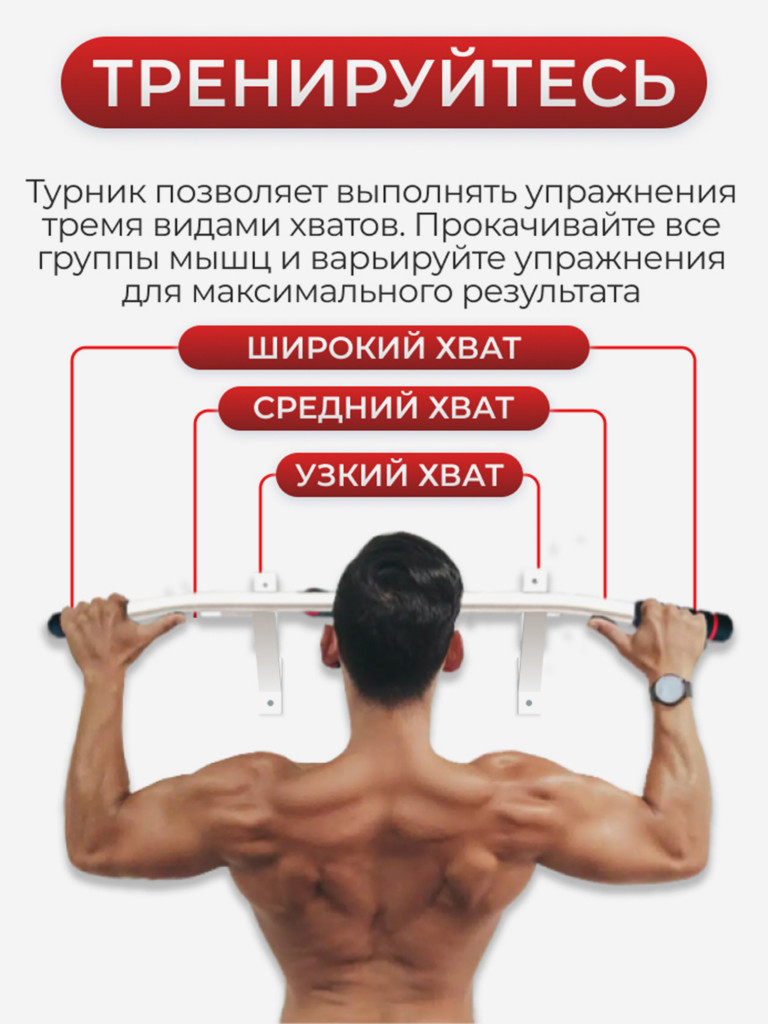 Турник настенный 3 хвата усиленный с упорами 90 см Гантели-в-Деле черный