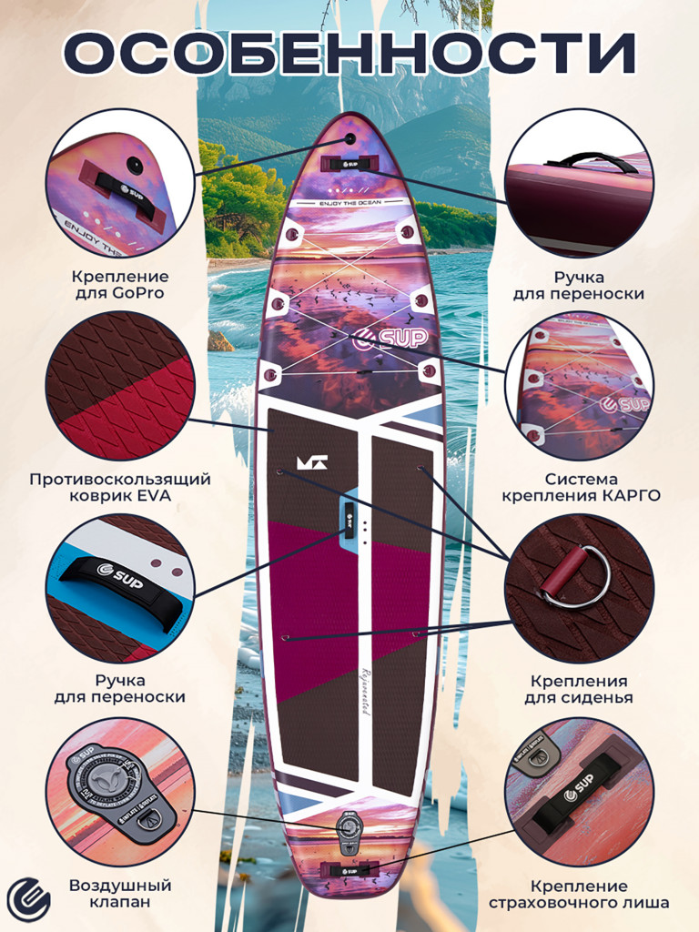 Надувной сапборд E-SUP Viva Magenta 11'6" (351×89×15 см), универсальный