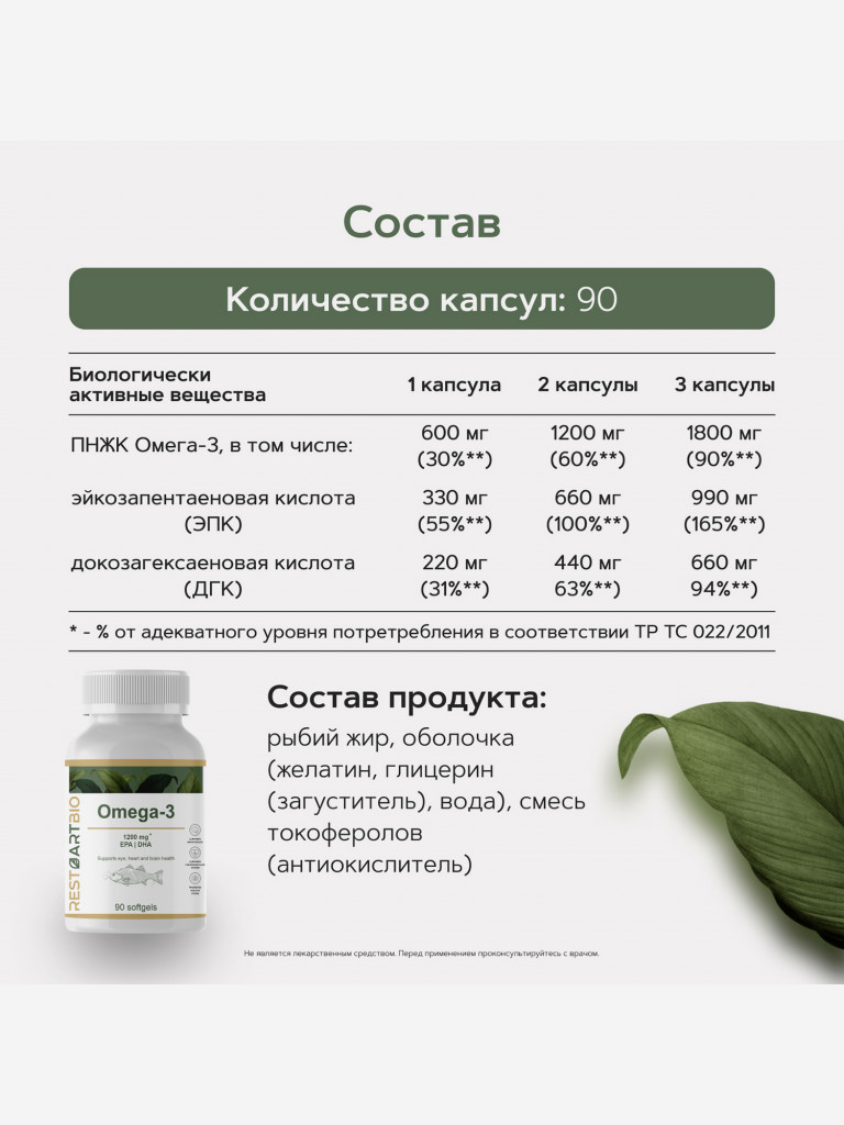 Омега 3 1200 мг Restartbio 90 капсул EPA 660 мг DHA 440 мг Omega-3 60%