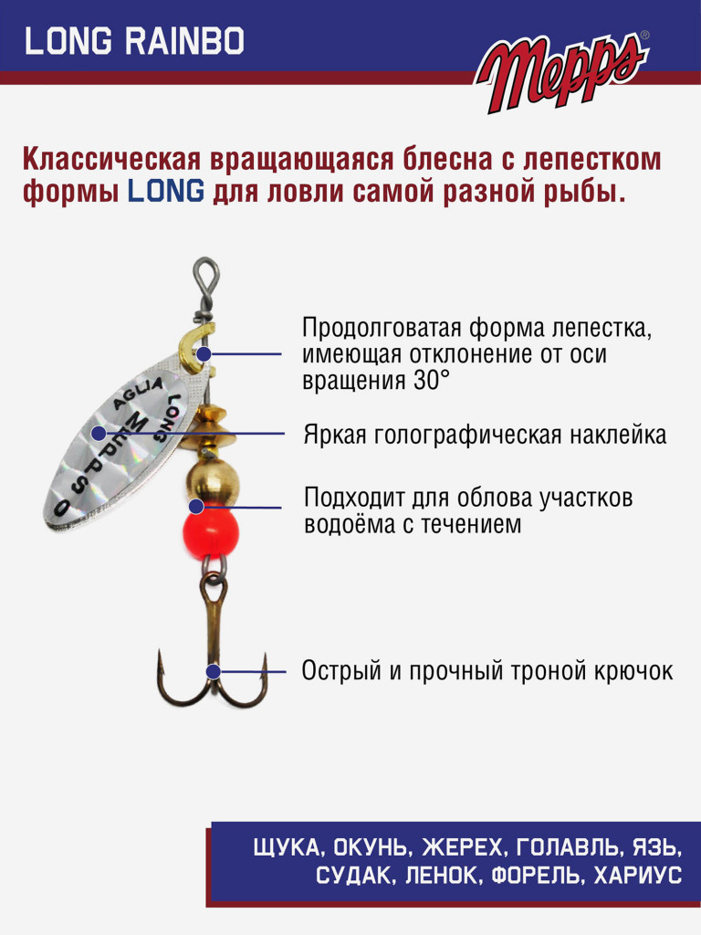 Блесна вращающаяся для рыбалки Mepps LONG RAINBO на щуку, окуня