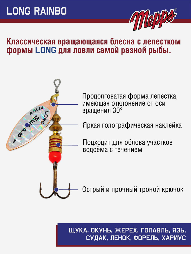 Блесна вращающаяся для рыбалки Mepps LONG RAINBO на щуку, окуня