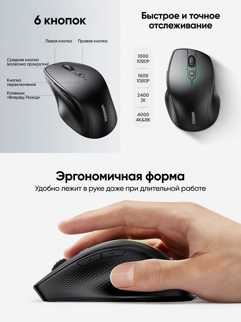 Мышка компьютерная беспроводная UGREEN MU101 (90395) Ergonomic Contoured-Shape Design Wireless Mouse