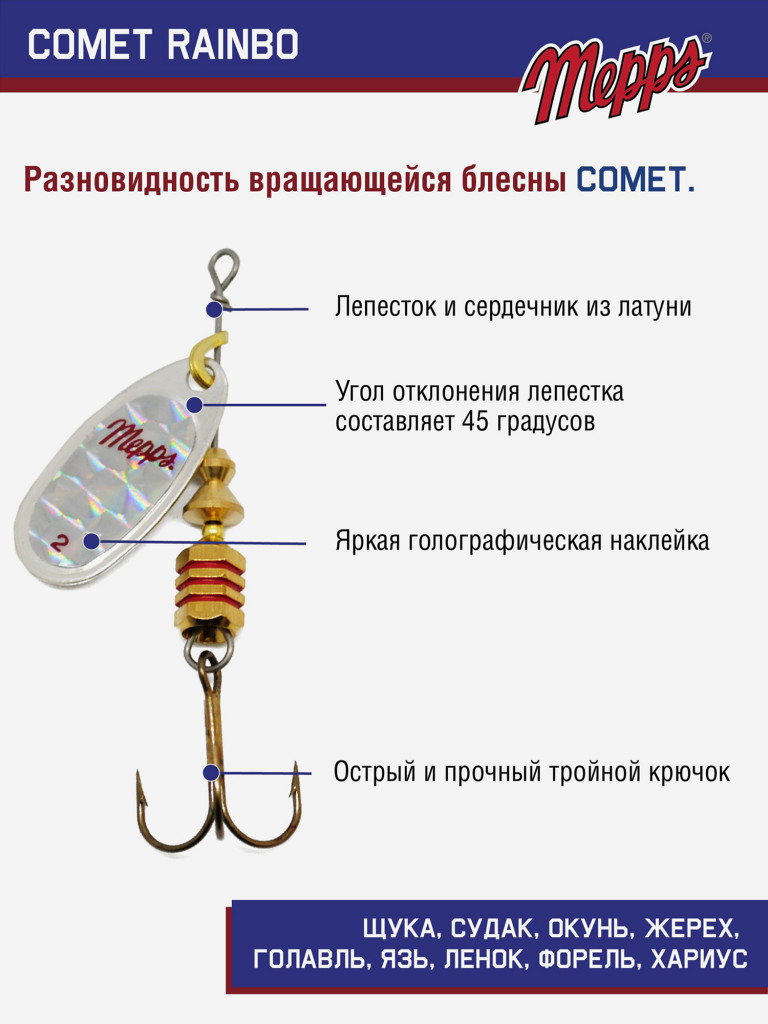 Блесна вращающаяся для рыбалки Mepps COMET RAINBO на щуку, окуня
