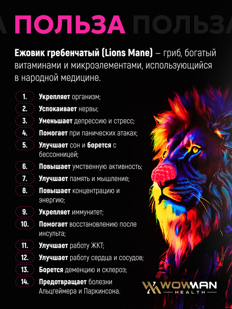 Ежовик гребенчатый WowMan порошок со вкусом малины, ноотроп для работы мозга и улучшения памяти, 150г