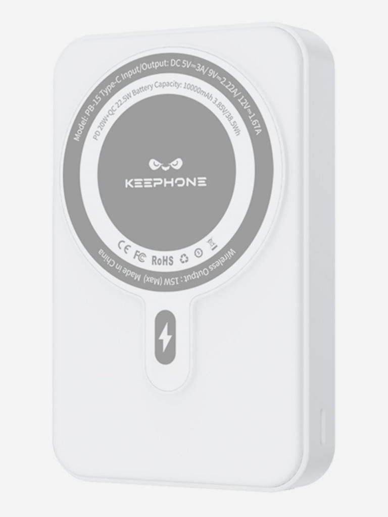 Повербанк с беспроводной зарядкой для телефона KEEPHONE Snap Stand / Быстрая зарядка аккумулятора: 10000 мАч, подставка — Белый