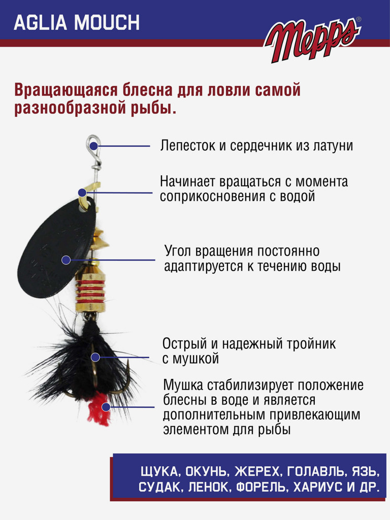 Блесна вращающаяся для рыбалки Mepps AGLIA MOUCH на щуку, окуня