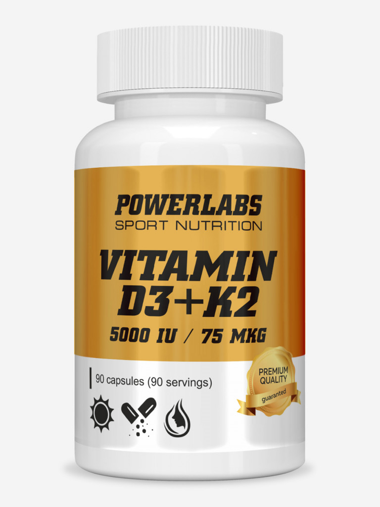 Powerlabs, Витамин D3 + K2, 5000 IU, 75 мкг, 90 капсул