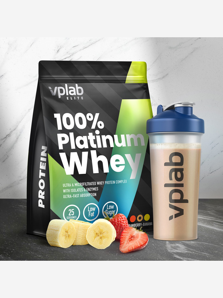 Протеин Vplab Nutrition 100% Platinum Whey "Клубника и банан", 750 г