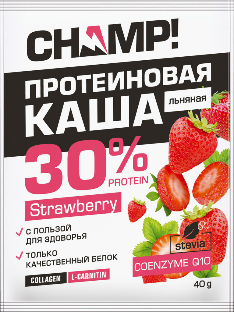 Каша протеиновая льняная Champ! Леовит клубничная с коэнзимом Q10. Упаковка 10 пакетов по 40г.