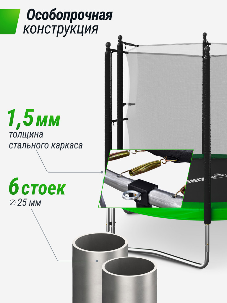 Батут каркасный UNIX Line Simple 8 ft Green с внутренней защитной сеткой, общий диаметр 244 см, до 140 кг
