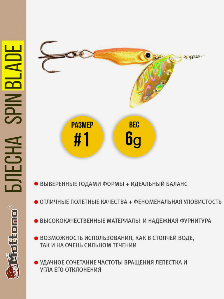 Блесна вращающаяся для рыбалки Mottomo Spin Blade #1 6g Gold Gold