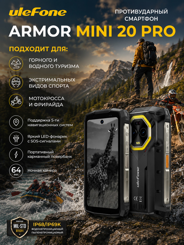 Смартфон Ulefone Armor Mini 20 Pro 8+256 Black, 4.7”, 90Hz, HD+, MTK6300 5G, And14, 50+64 Infrared, 32MP, 6200mAh