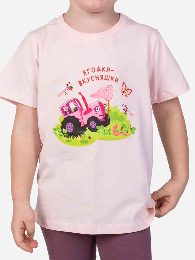 Футболка для девочек Racoongo Синий трактор, розовый