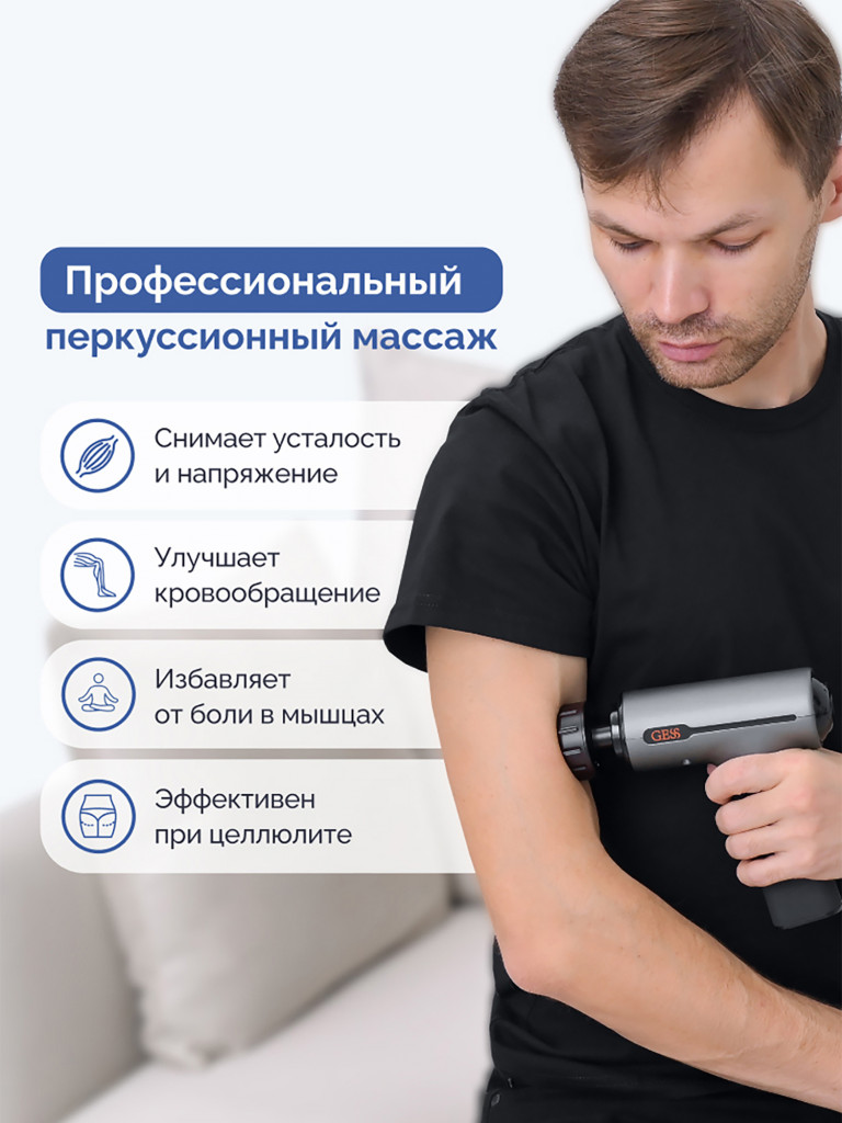 Перкуссионный массажер для тела GESS Revolver Plus, массажный пистолет, ударный, 5 насадок, уникальная насадка с прогревом