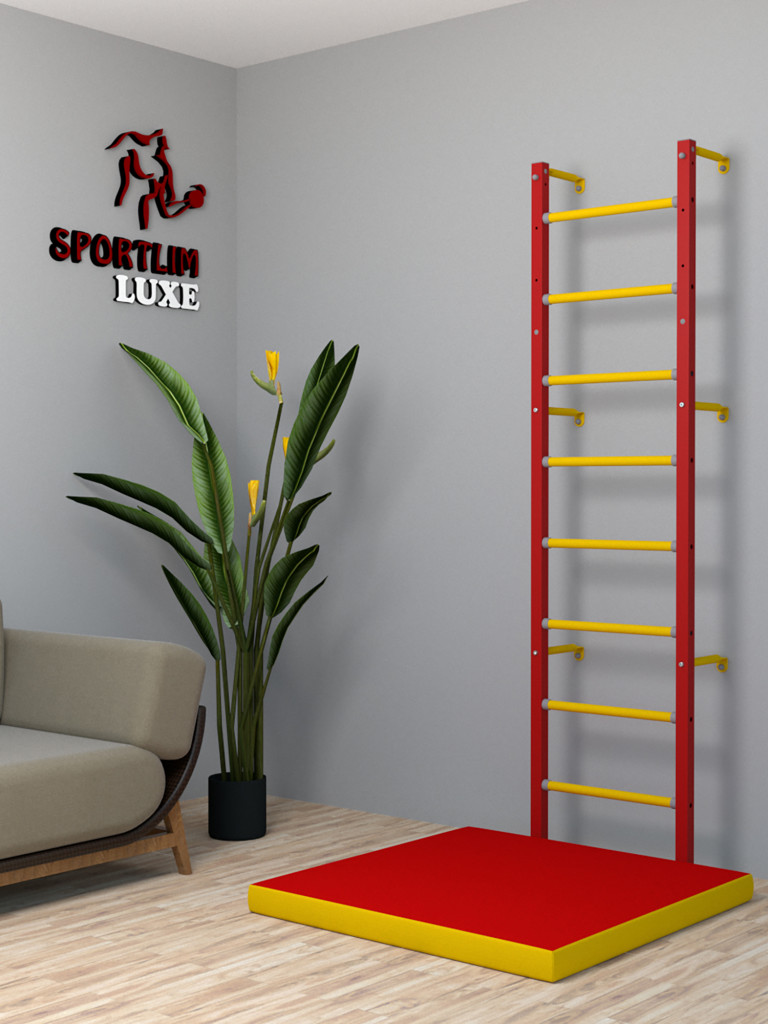 Детская шведская стенка SportLim LUXE со съемным турником "Красно-желтая"