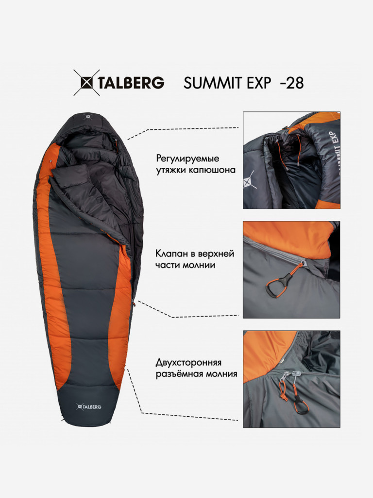 Спальный мешок Talberg SUMMIT EXP -28 C (серый/оранжевый левый)
