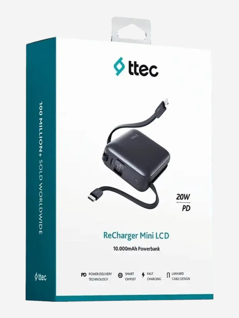 Внешний аккумулятор TTEC ReCharger Mini LCD 10000mAh USB-C PD 20W Powerbank с кабелем USB-C&Lightning. Цвет: серый