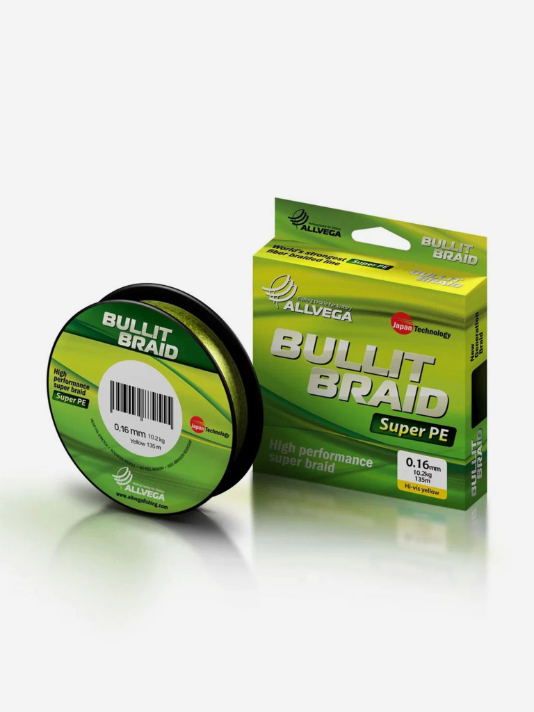 Шнур плетёный ALLVEGA "Bullit Braid" 135м флуо-жёлтый 0,16мм (10,2кг)