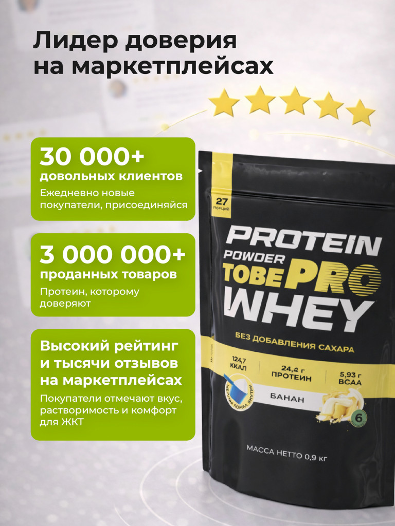 Протеин сывороточный без сахара TobePRO Whey Protein с ВСАА Банан, 900 г/30 порций