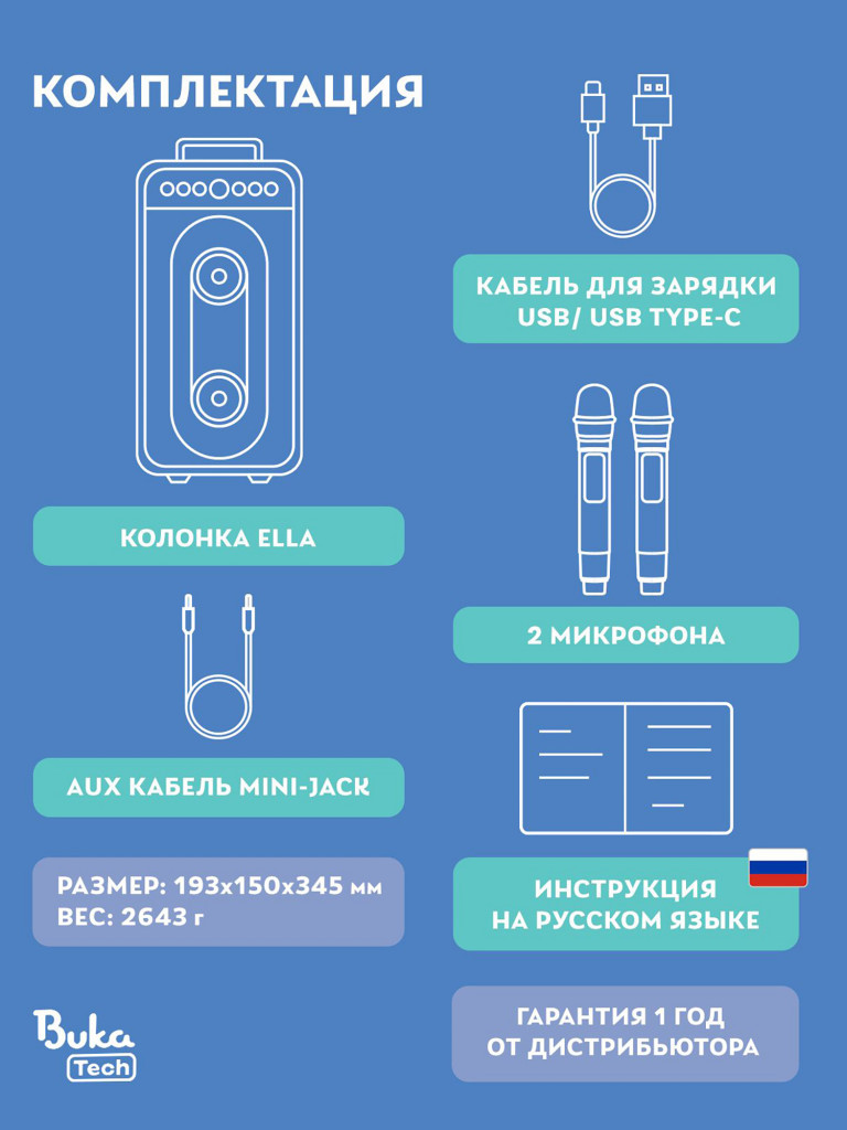 Беспроводная портативная колонка с двумя микрофонами BukaTech Ella Blue, 20 Вт