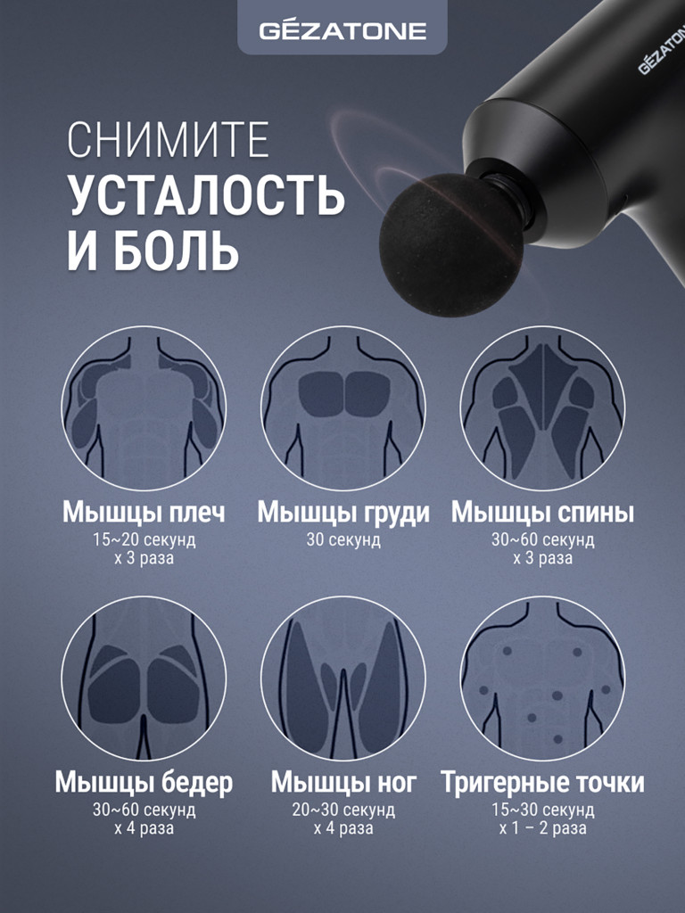 Перкуссионный массажер пистолет для тела Gezatone AMG140 7 насадок