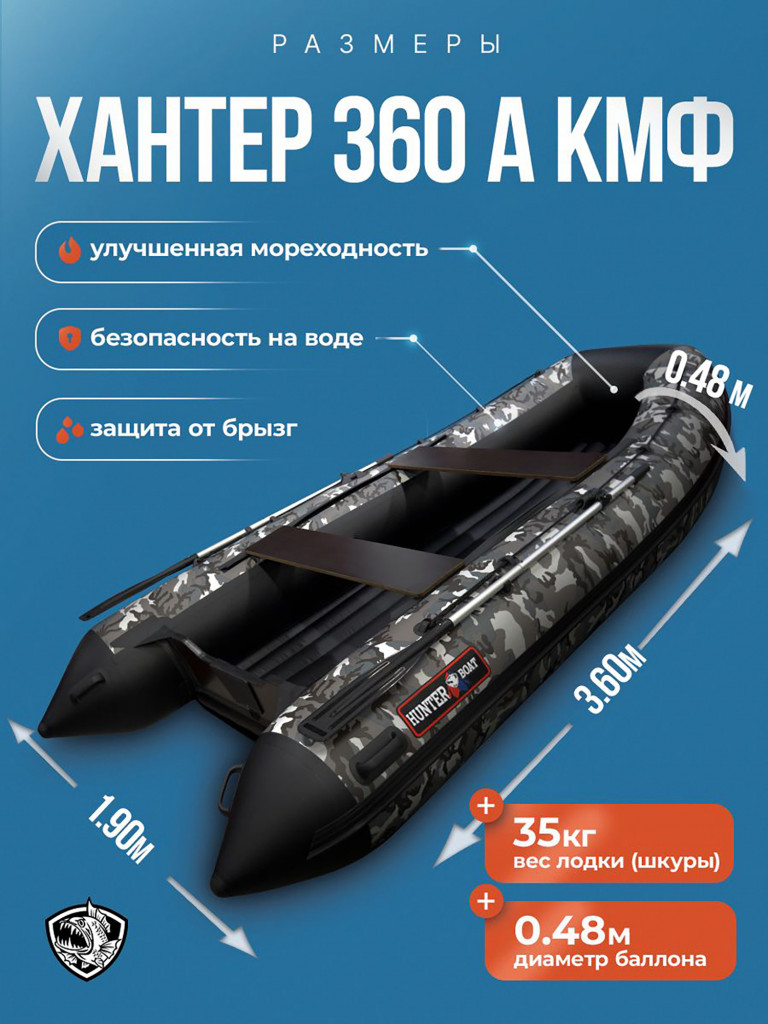 Лодка пвх под мотор Хантер 360 А кмф серый
