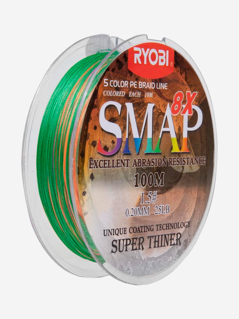Шнур плетеный для рыбалки Ryobi SMAP PE8X, 100м, 0,205мм, 10кг, мультиколор