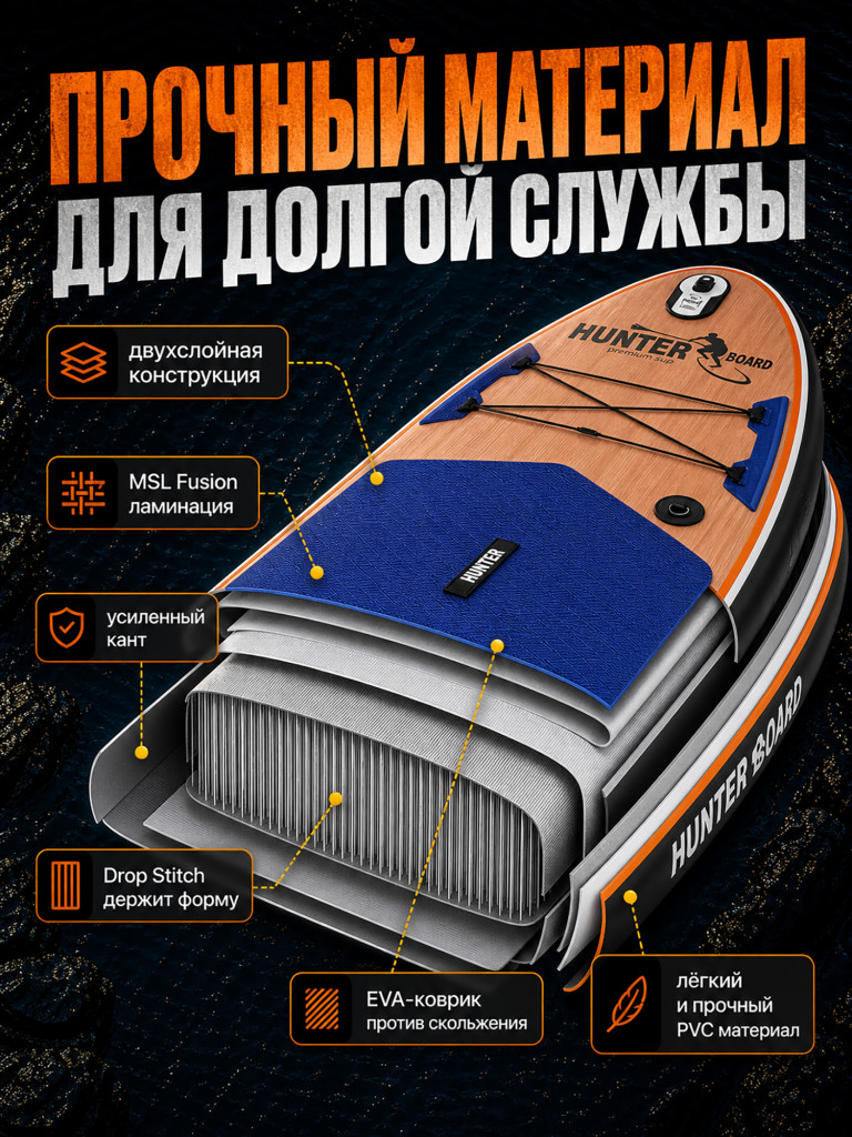 Sup-доска Hunterboard ACTIVE FISH 11', 335х89х15 см, Wood/Silver