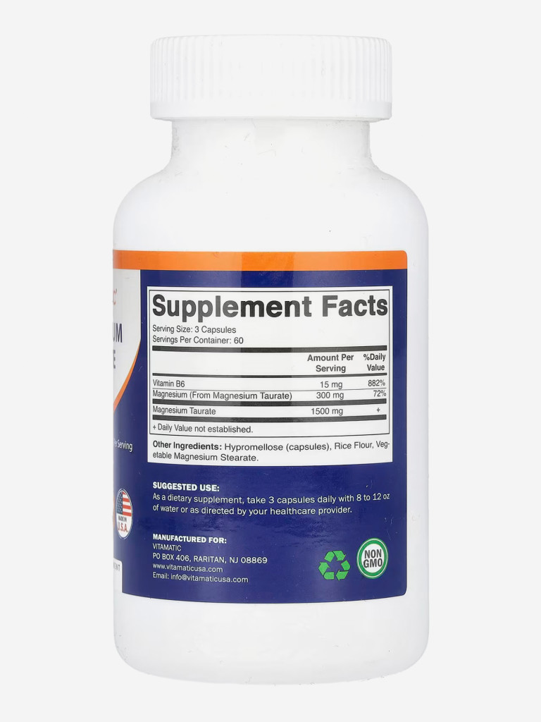 Таурат магния с витамином B6, Vitamatic, 1500 мг, 180 капсул
