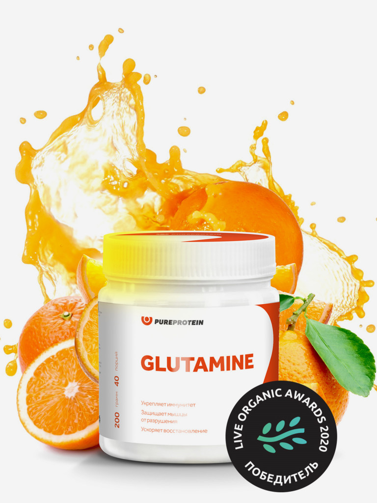 Глютамин, аминокислоты PUREPROTEIN порошок 200гр, Апельсин