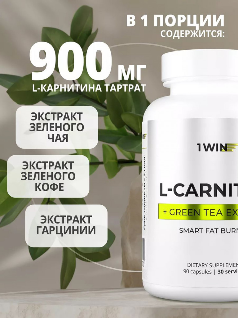 L-карнитин тартратс с экстрактом зеленого чая 1WIN 90 капсул