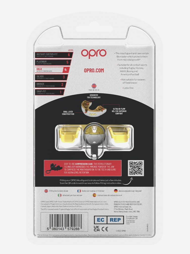 Боксерская капа взрослая, спортивная, защитная для зубов OPRO Self-Fit Gold - White/Gold