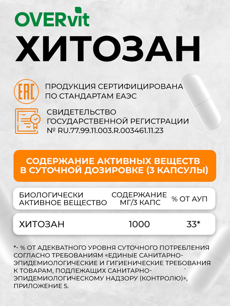 Хитозан,OVER, 90 капсул
